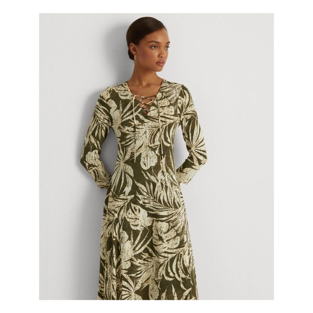 RALPH LAUREN Womens Green Printed 3/4 Sleeve V Neck Midi Fit + Flare Dress 8 - Picture 3 of 4